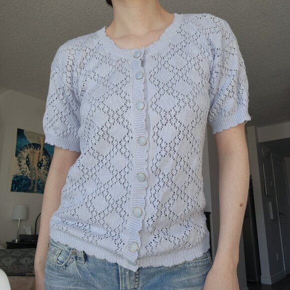 Vintage 70s pastel blue crochet short-sleeved button-up cardigan ✦ coastal grand - Picture 7 of 15
